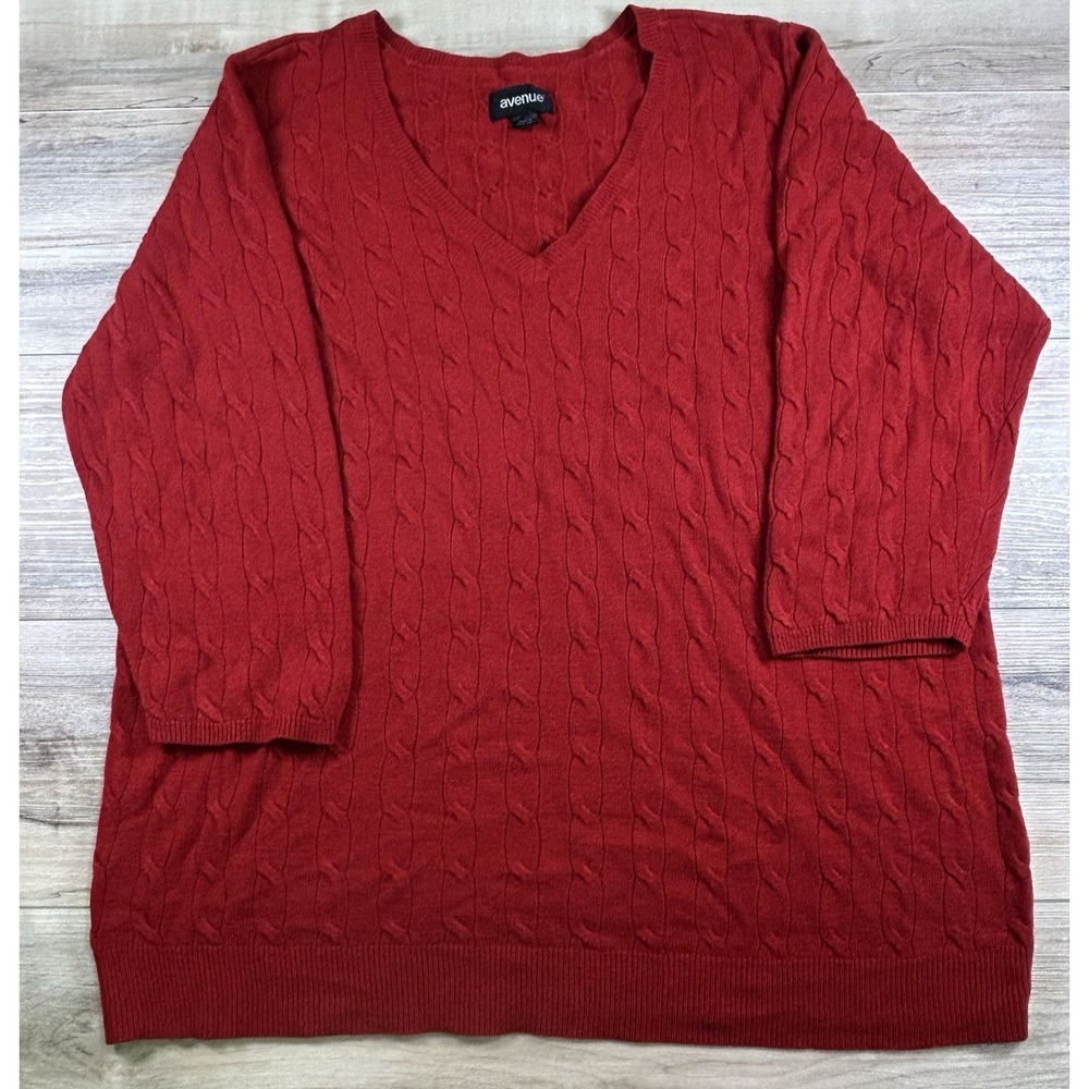 Avenue Womens Red Cable Knit V-Neck Long Sleeve Sweater Plus Size 18 20